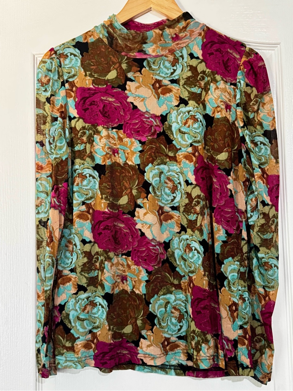 Floral mesh artsy turtle neck witchy dark fall Long-Sleeve Top - Multicolor